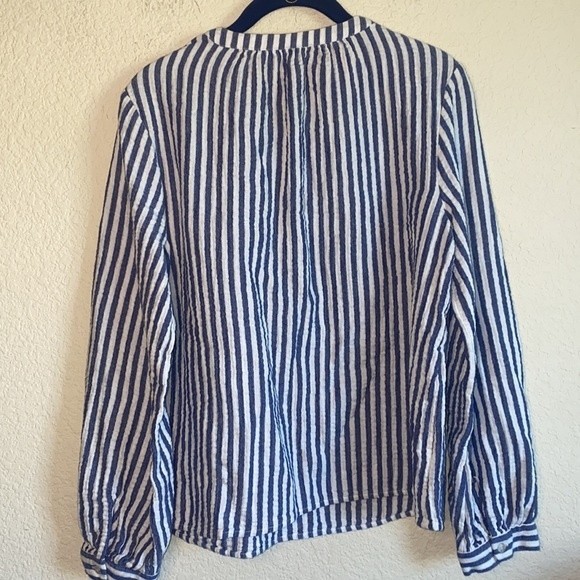 gauze boyfriend waffle striped long sleeve button M women blouse shirt - Picture 6 of 7